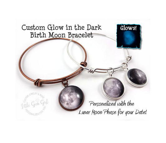 Custom Birth Moon Bracelet with 1 to 4 Moons that Glow in the Dark - Personalized Moon Phase Wire Wrap Bracelet