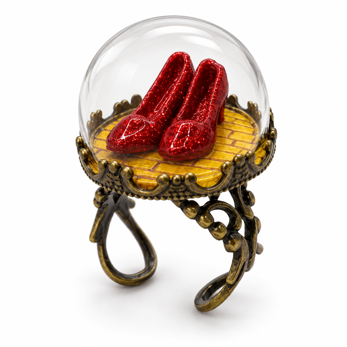 The Wonderful Wizard of Oz Ruby Red Slippers Ring - Yellow Brick Road Glass Dome Ring Available in Silver or Bronze