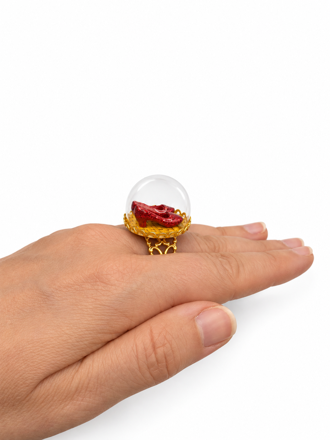 The Wonderful Wizard of Oz Ruby Red Slippers Ring - Yellow Brick Road Glass Dome Ring Available in Silver or Bronze
