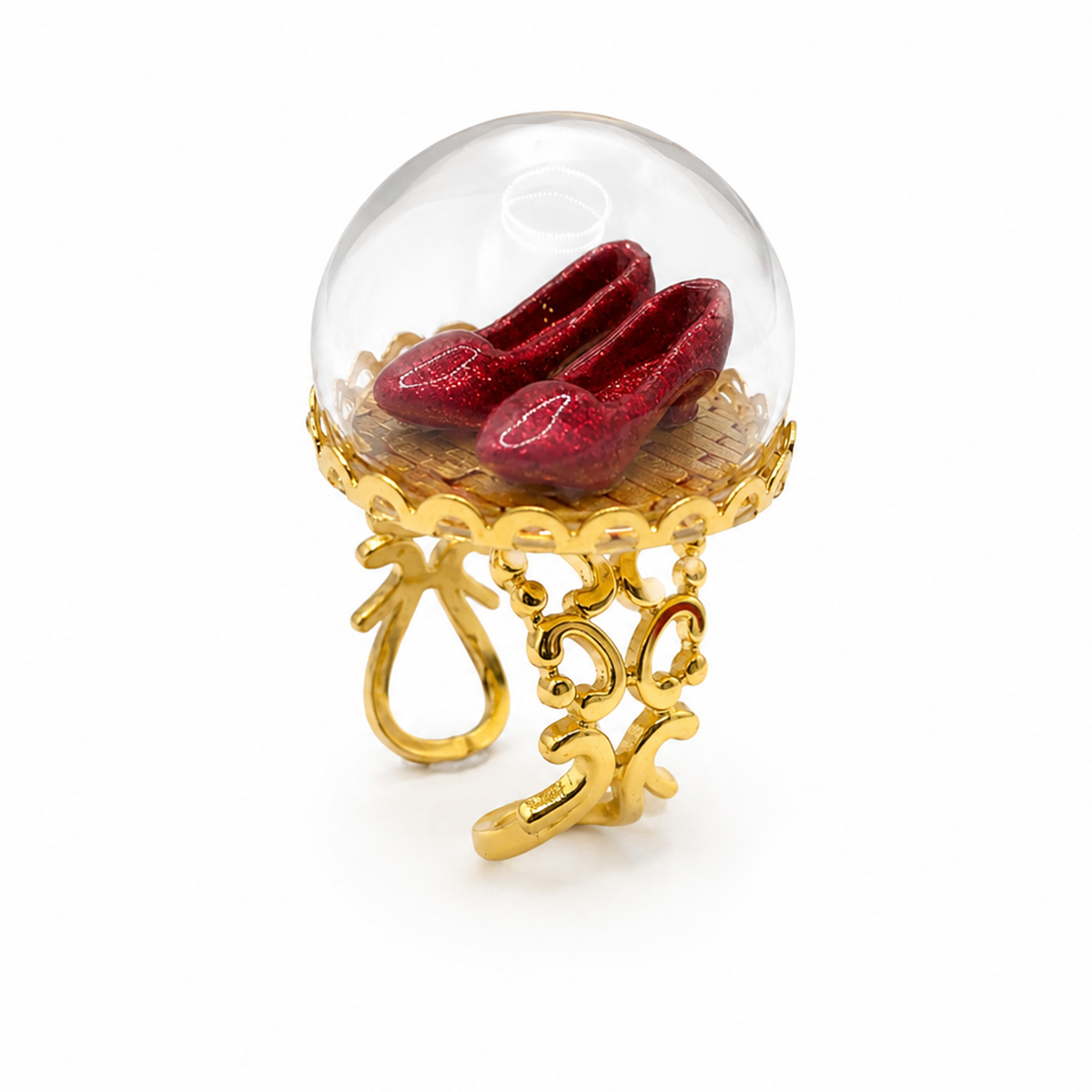 The Wonderful Wizard of Oz Ruby Red Slippers Ring - Yellow Brick Road Glass Dome Ring Available in Silver or Bronze