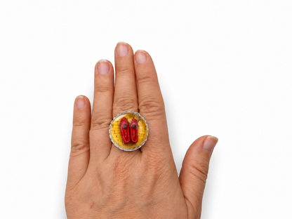 The Wonderful Wizard of Oz Ruby Red Slippers Ring - Yellow Brick Road Glass Dome Ring Available in Silver or Bronze