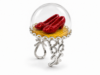 The Wonderful Wizard of Oz Ruby Red Slippers Ring - Yellow Brick Road Glass Dome Ring Available in Silver or Bronze