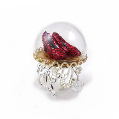 The Wonderful Wizard of Oz Ruby Red Slippers Ring - Yellow Brick Road Glass Dome Ring Available in Silver or Bronze