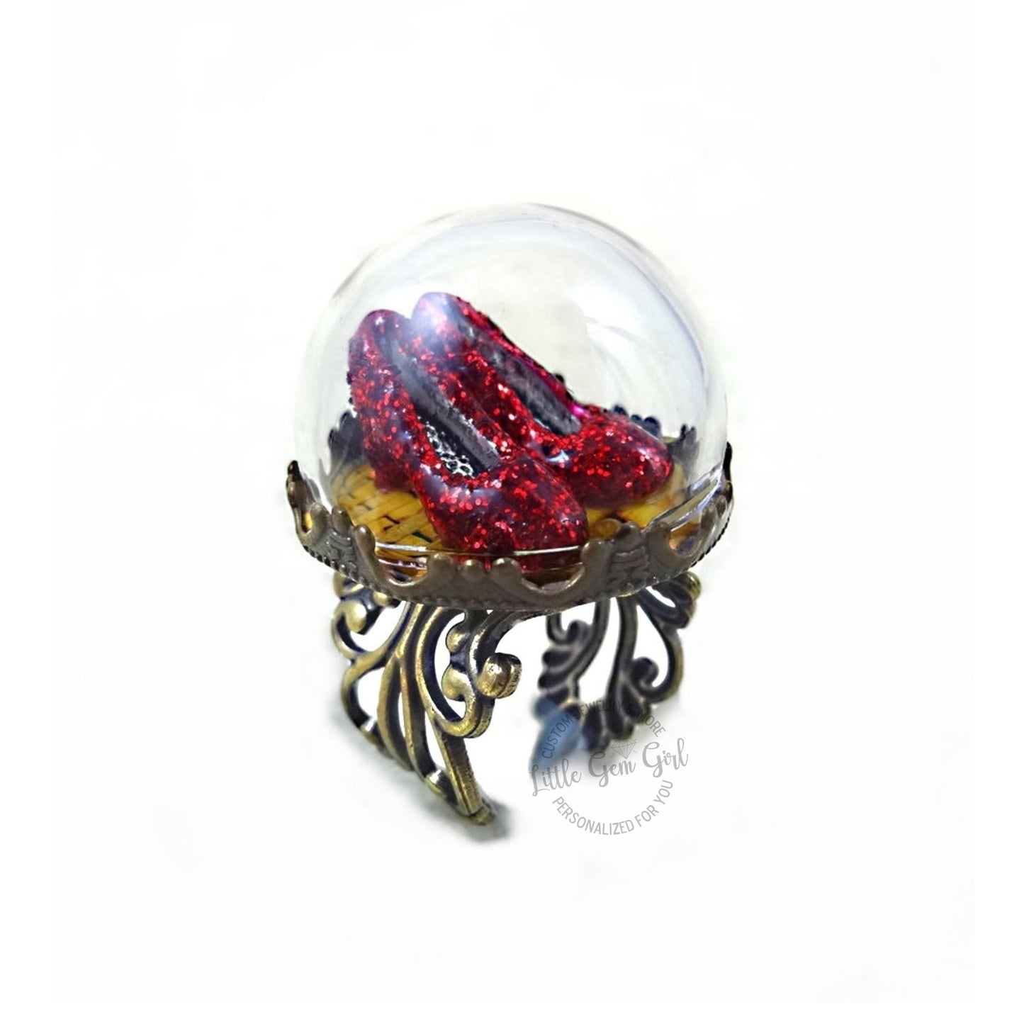 The Wonderful Wizard of Oz Ruby Red Slippers Ring - Yellow Brick Road Glass Dome Ring Available in Silver or Bronze