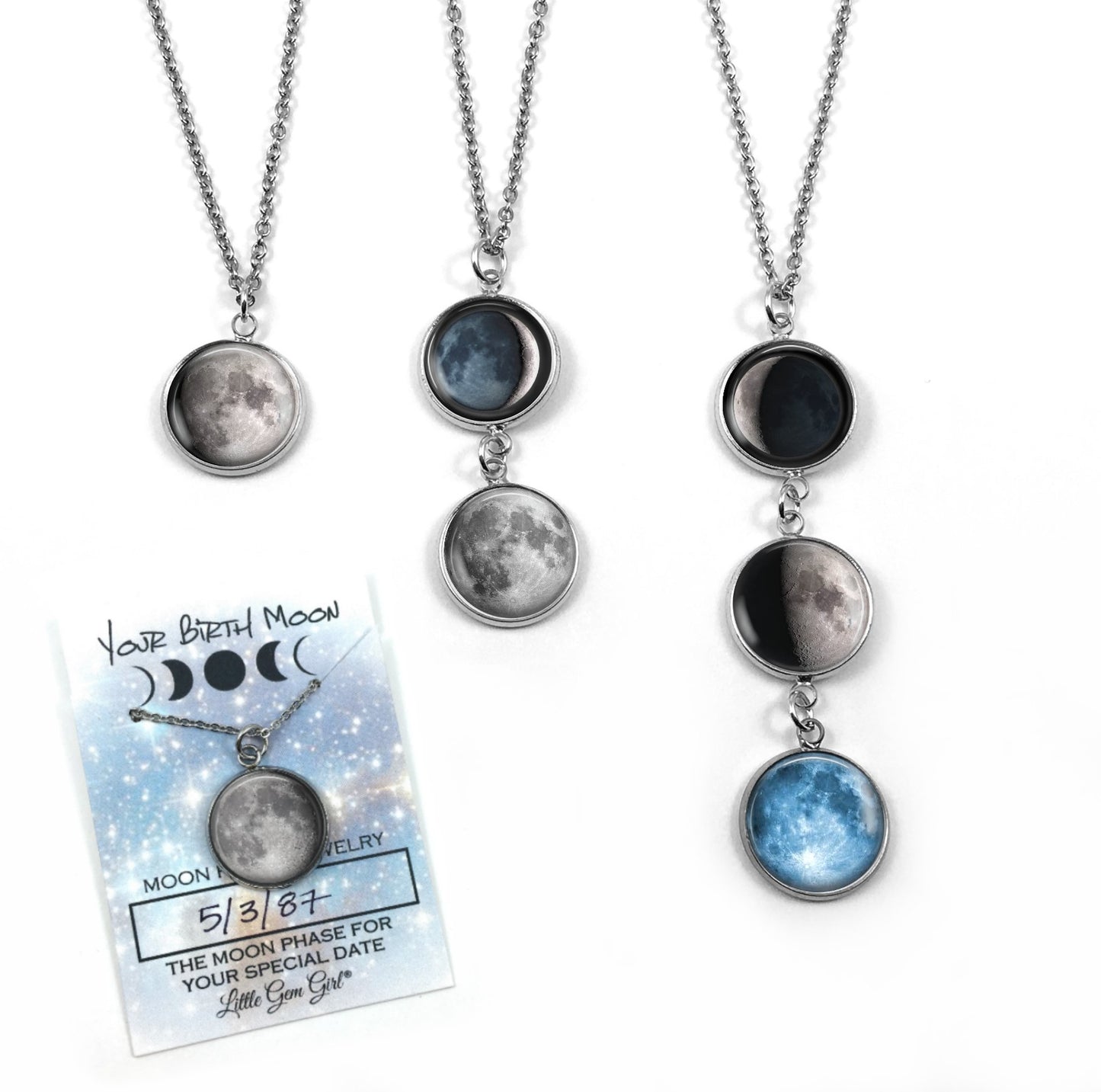 Glowing Stainless Steel Custom Birth Moon Necklace with Optional Engraving - 1 to 4 Moon Phase Pendants